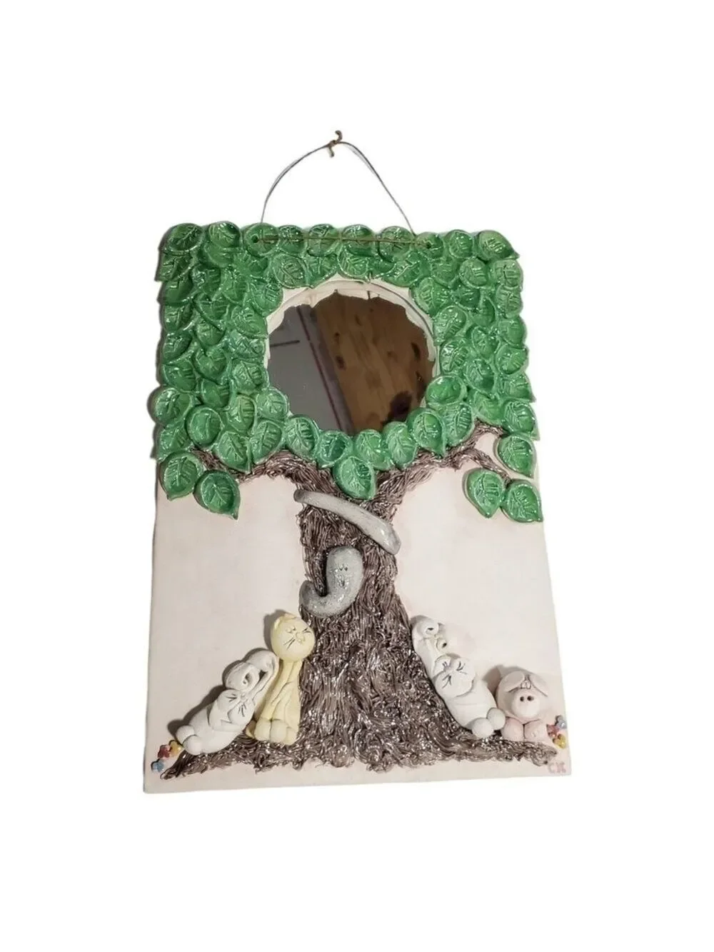 Clay molded Wall Art Mirror cute Tree with animals signed CK